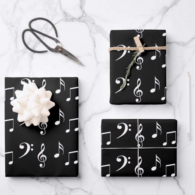 Hoja De Papel De Regalo Músico de notas musicales en blanco y negro (Anverso)