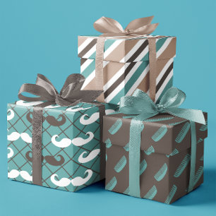 Hoja De Papel De Regalo Mustache marrón y Verde azulado de padre y conjunt