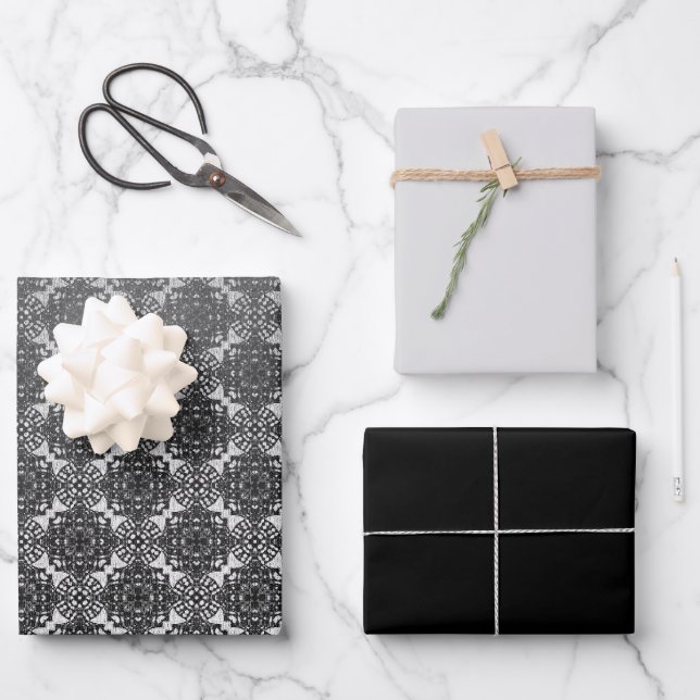 Hoja De Papel De Regalo MVB Black Faux Lace Gray (Anverso)
