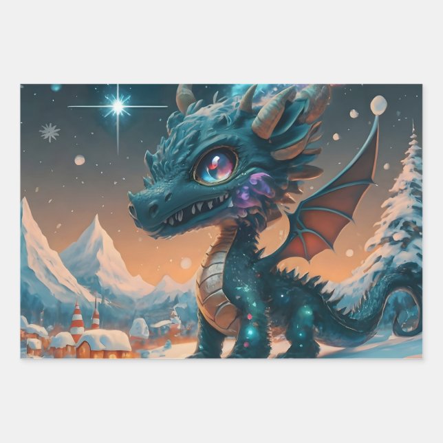 Hoja De Papel De Regalo Mystical Chibi Dragon Winscape (Anverso)