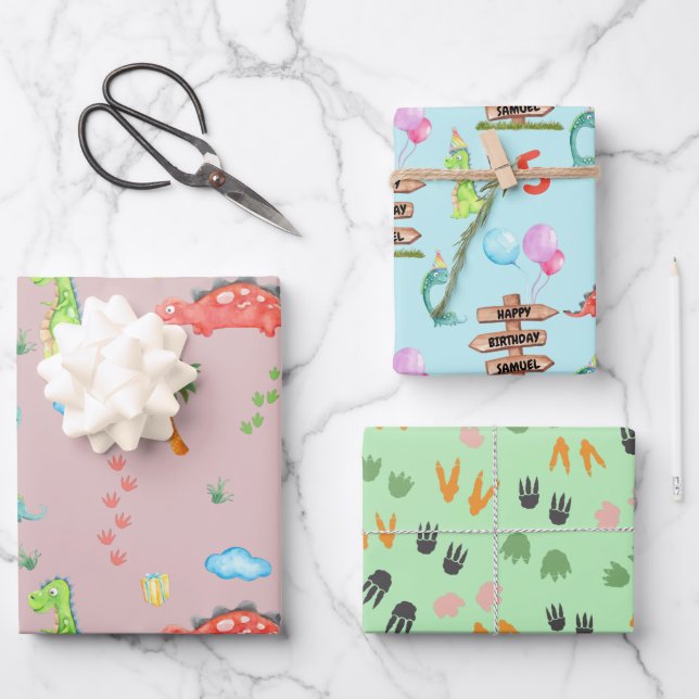 Hoja De Papel De Regalo Nacimiento de bebé Dinosaurio Personalizado Nombre (Anverso)