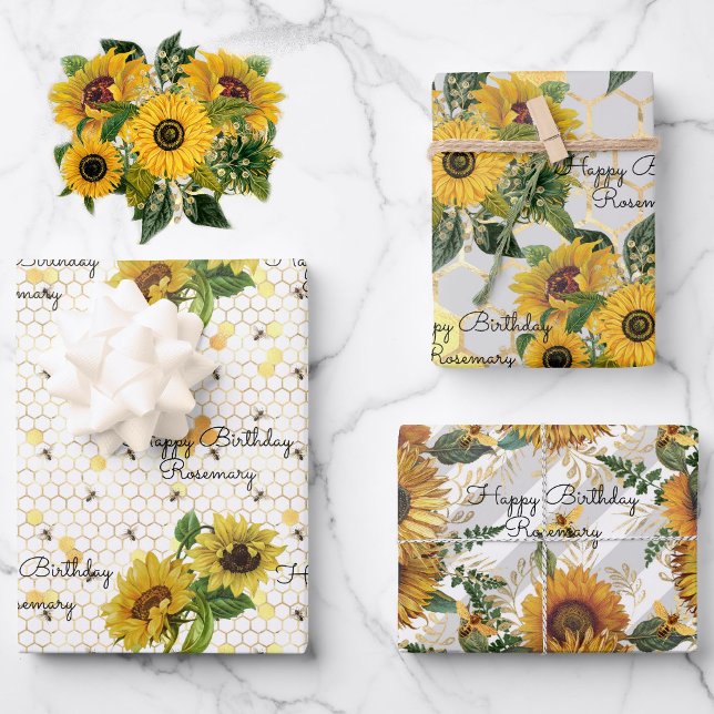 Hoja De Papel De Regalo Nacimiento girasoles y abejas Añadir nombre 3 rega (Subido por el creador)
