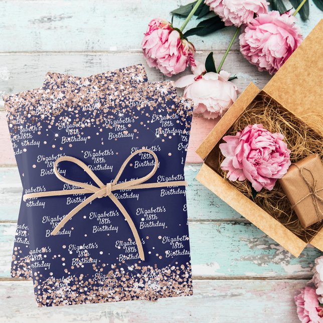 Hoja De Papel De Regalo Nacimiento rosa azul marino oro nombre elegante (Subido por el creador)