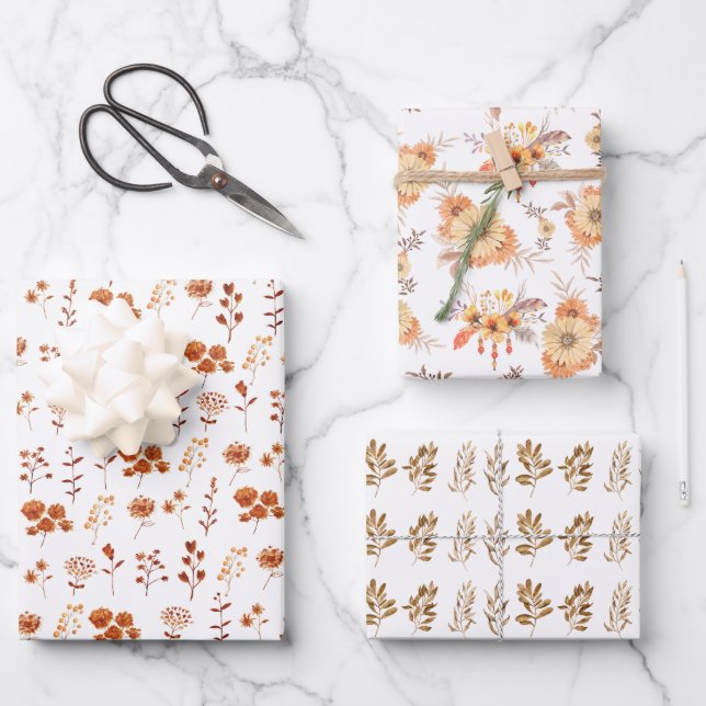 Hoja De Papel De Regalo Naranja acuarela Flor Floral deja Boho (Anverso)