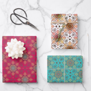 Hoja De Papel De Regalo Naranja azul del océano Rojo Mandala Flor Patrón d