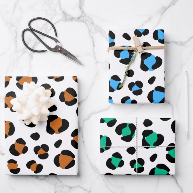 Hoja De Papel De Regalo Naranja Blue Green Black Leopard Animal Print (Anverso)