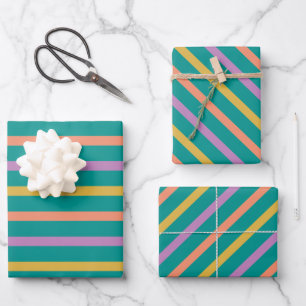 Hoja De Papel De Regalo Naranja brillante rayado verde y morado