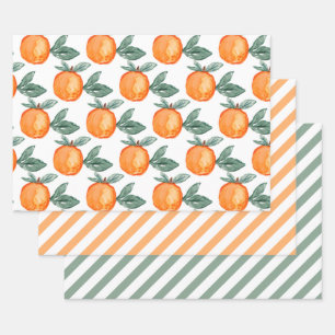 Hoja De Papel De Regalo Naranja Citrus Green Watercolor Letras Rayas