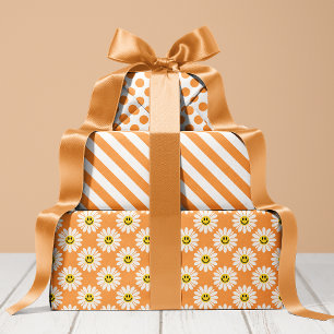 Hoja De Papel De Regalo Naranja Daisy Floral Stripes Polka Dot