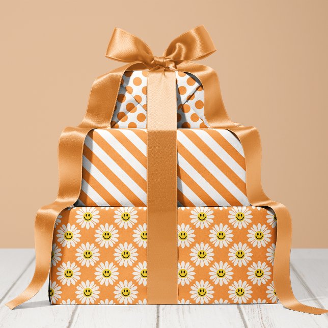 Hoja De Papel De Regalo Naranja Daisy Floral Stripes Polka Dot (Subido por el creador)