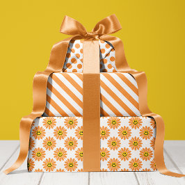 Hoja De Papel De Regalo Naranja Daisy Floral Stripes Polka Dot