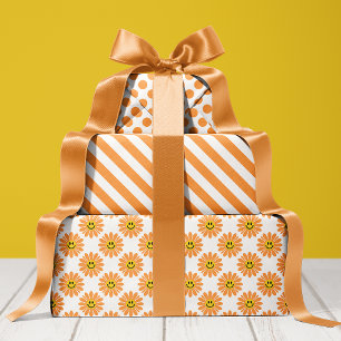 Hoja De Papel De Regalo Naranja Daisy Floral Stripes Polka Dot
