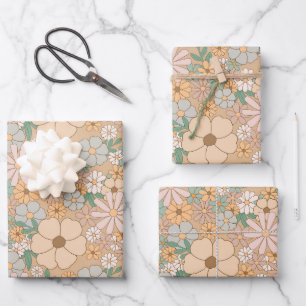 Hoja De Papel De Regalo Naranja de color rosa, gris rosado, floral, 3 set