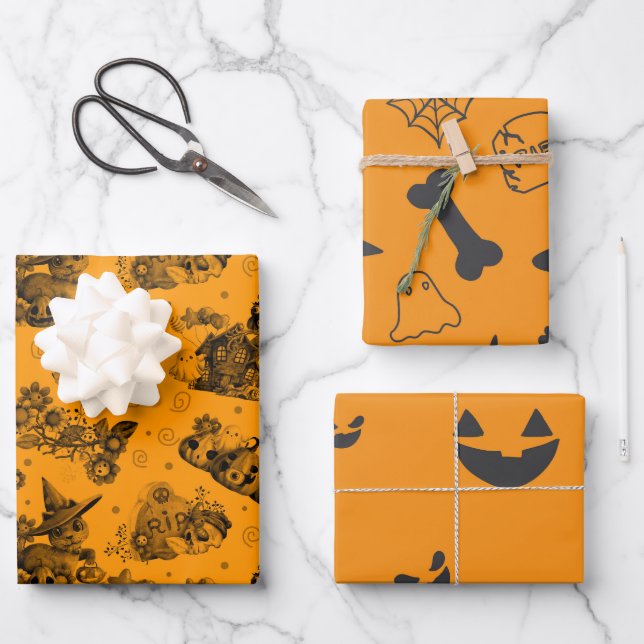 Hoja De Papel De Regalo Naranja de Halloween Pattered (Anverso)