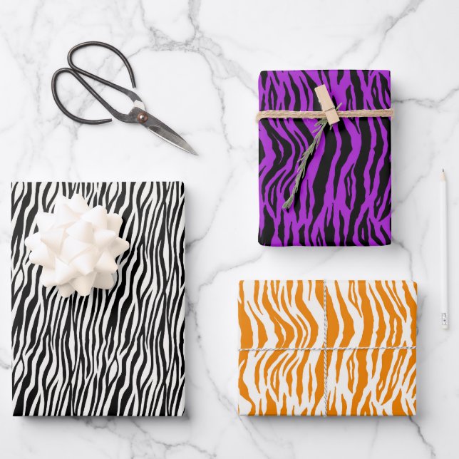 Hoja De Papel De Regalo Naranja de impresión animal Cebra blanca morada (Anverso)
