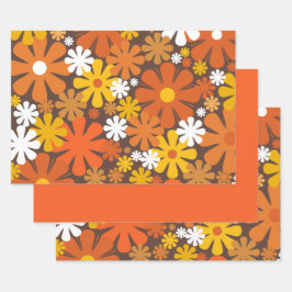 Hoja De Papel De Regalo Naranja de patrón floral de los años 70 retro y ma