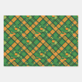 Hoja De Papel De Regalo Naranja Gorra Verde San Patrick Tartán Juego 7