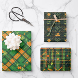 Hoja De Papel De Regalo Naranja Gorra Verde San Patrick Tartán Juego 7