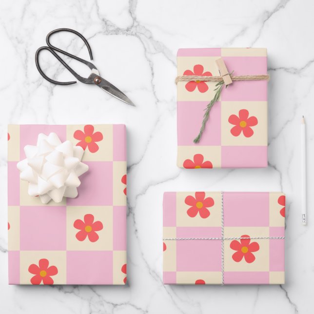 Hoja De Papel De Regalo Naranja Groovy Daisy Flowers & Bonito Pink Checker (Anverso)