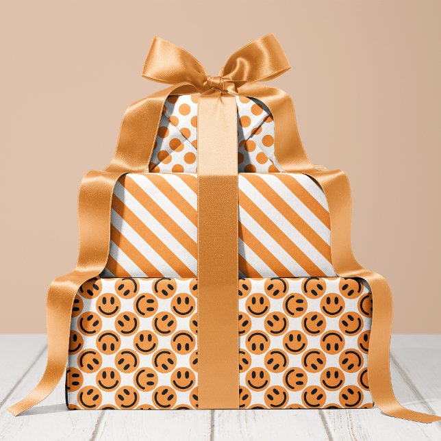 Hoja De Papel De Regalo Naranja Happy Face Stripes and Polka Dot (Subido por el creador)