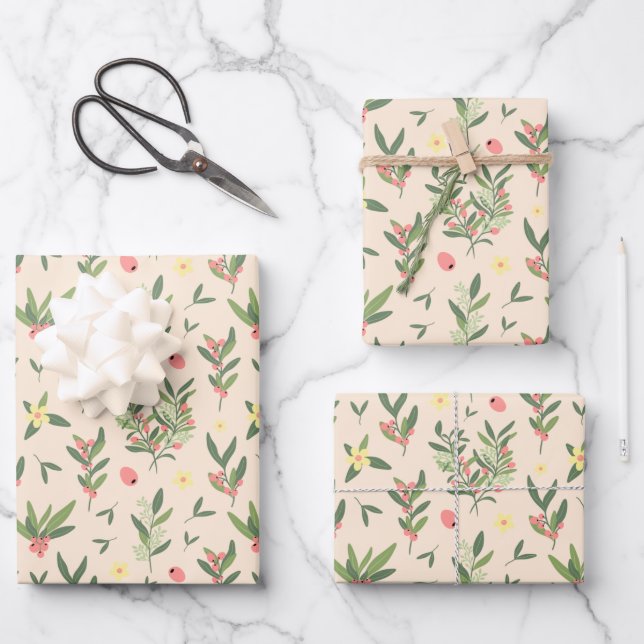 Hoja De Papel De Regalo Naranja ligero, patrón de rama de oliva verde y sa (Anverso)