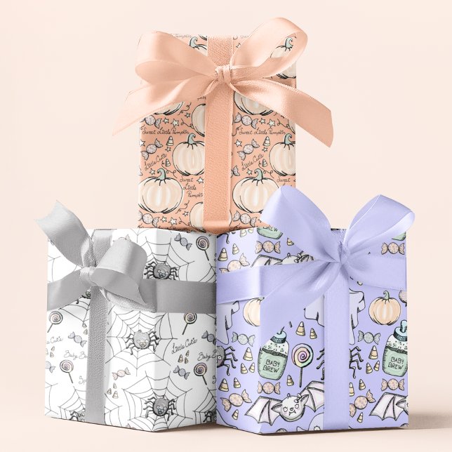 Hoja De Papel De Regalo Naranja lindo calabaza Halloween Baby Shower (Cute Halloween Kids Wrapping Paper for Baby or October Birthday. Pumpkins, Spiders, Bats, Ghosts)