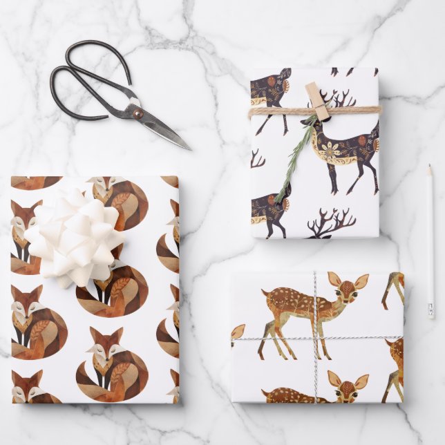 Hoja De Papel De Regalo Naranja marrón: Fox y venado (Anverso)