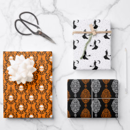 Hoja De Papel De Regalo Naranja negro Fancy Skull Damask Witch Halloween