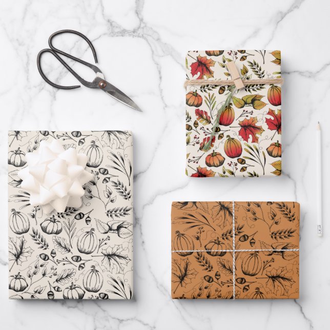 Hoja De Papel De Regalo Naranja quemado por otoño y cosecha otoñal crema (Anverso)