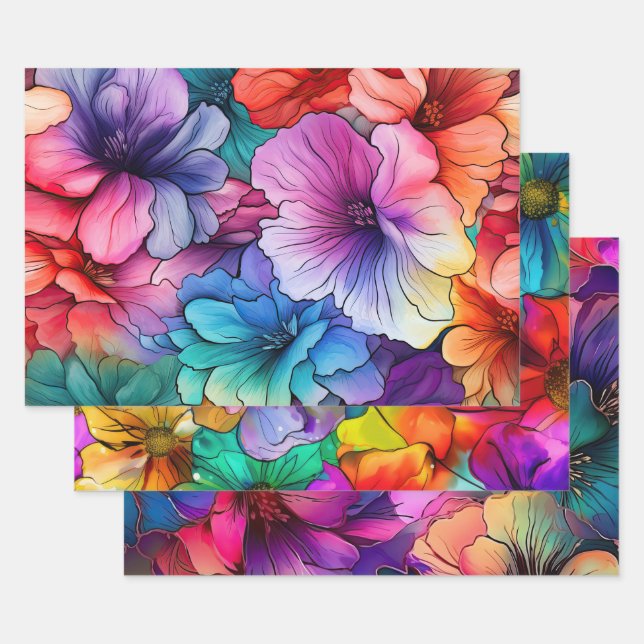Hoja De Papel De Regalo Naranja rosa Flores Verde azuladas púrpura Tinta d (Set)
