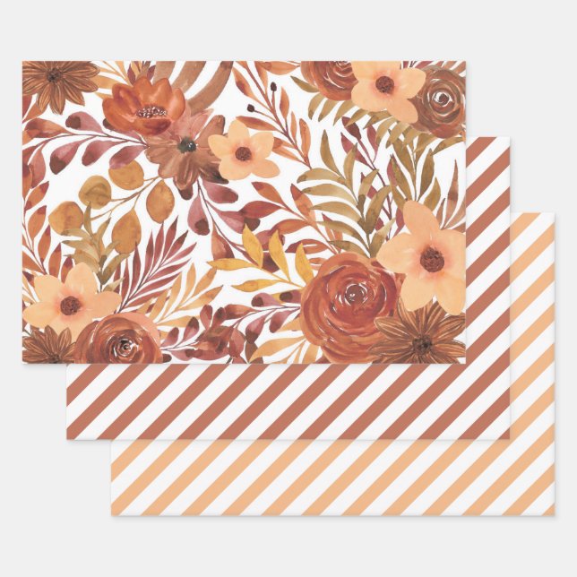 Hoja De Papel De Regalo Naranja Rust Fall otoño acuarela Floral (Set)