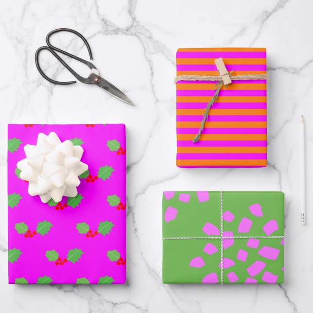 Hoja De Papel De Regalo Naranja verde brillante moderno Navidades rosados  (Anverso)