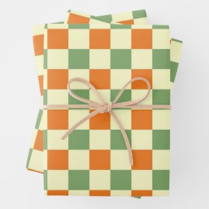 Hoja De Papel De Regalo Naranja Verde Brown Checkered Gingham Pattern