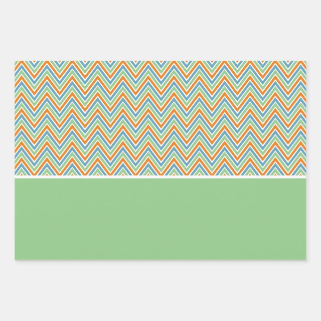 Hoja De Papel De Regalo Naranja Verde y Chevron Azul (Anverso)