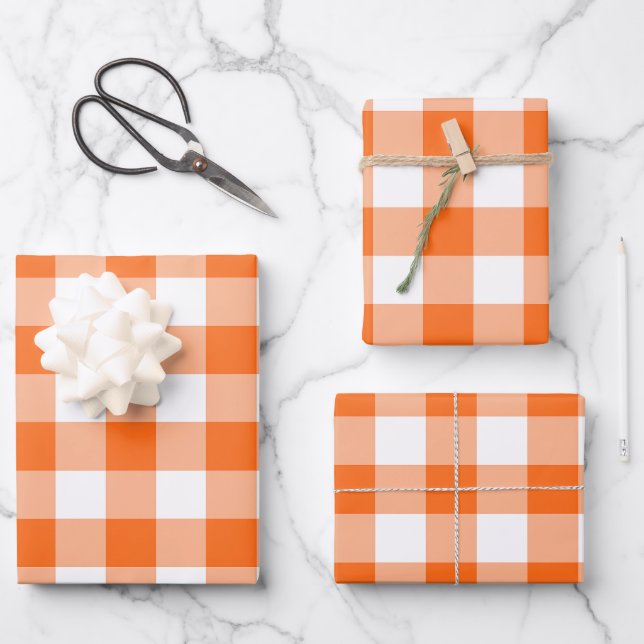 Hoja De Papel De Regalo Naranja y blanco Gingham Check Plaid (Anverso)