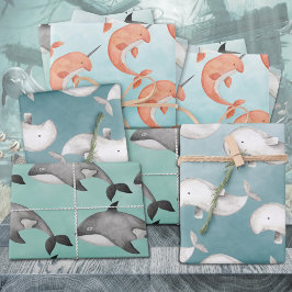 Hoja De Papel De Regalo Narwhal Beluga Ballenas Bajo El Profundo Océano Az