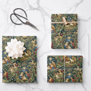 Hoja De Papel De Regalo Natividad Floral Vintage sobre Azul Medianoche