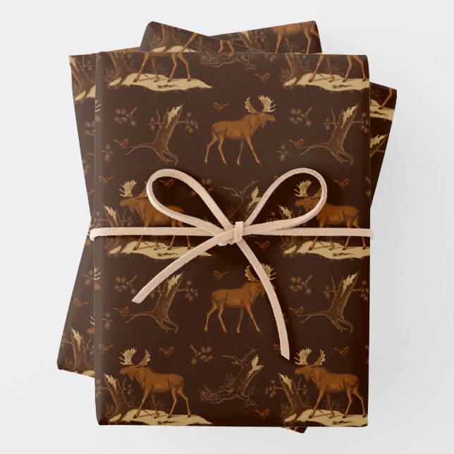 Hoja De Papel De Regalo Naturaleza silvestre Moose Birds Dark Rustic Woods (In situ)
