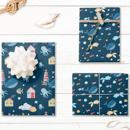 Hoja De Papel De Regalo Náutica de ballena azul de la marina