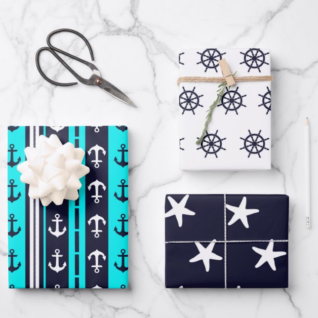 Hoja De Papel De Regalo Nautical 3-Pack  (Anverso)