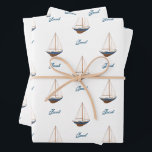 Hoja De Papel De Regalo Nautical Birthday Baby Shower Boda de velero<br><div class="desc">Este querido envolvimiento de regalo personalizado hace una presentación tan clásica para tu pequeño especial. Perfecto para un primer cumpleaños, una ducha de bebé o una fiesta de cumpleaños para tu pequeño marinero. Personalizar con su nombre, o borre el nombre para un aspecto limpio y clásico que puede mantener en...</div>