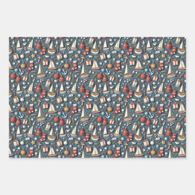 Hoja De Papel De Regalo Nautical Christmas Gift Wrapping Paper  (Anverso)