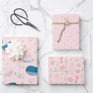 Hoja De Papel De Regalo Nautical de ballena rosa personalizada