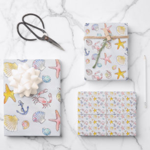 Hoja De Papel De Regalo Nautical Ocean Beach Pastel Starfish Seashell
