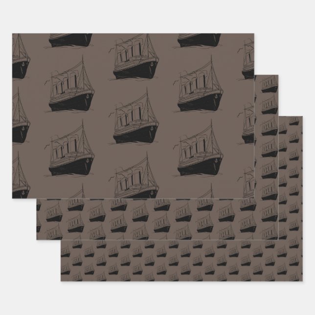 Hoja De Papel De Regalo Nautical Retro Brown y barco negro (Set)