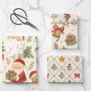 Hoja De Papel De Regalo Navidad con Santa y Oso de Peluche en Acuarela Vin