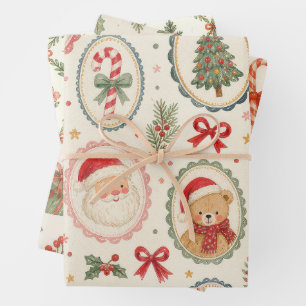 Hoja De Papel De Regalo Navidad con Santa y Oso de Peluche en Acuarela Vin