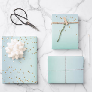 Hoja De Papel De Regalo Navidad Confeti Dorado Aqua Blanco Menta