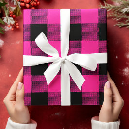 Hoja De Papel De Regalo Navidad de Cuadro Escocés Búfalo Rosa Fucsia y Neg