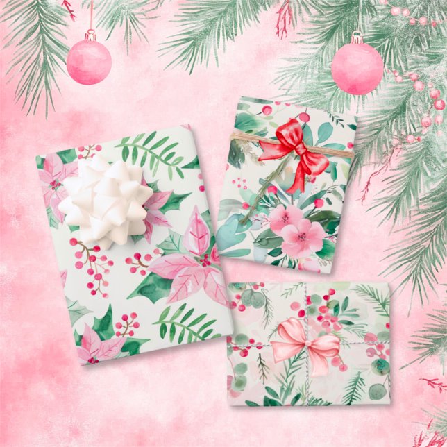 Hoja De Papel De Regalo Navidad de la cosecha floral rosa (Pink Floral Vintage Christmas Wrapping Paper (3) Sheets)